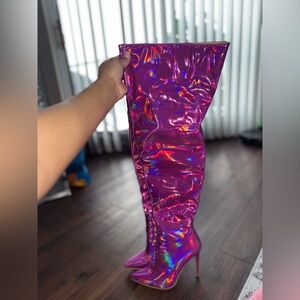 Holographic Pink Thigh-High Boots